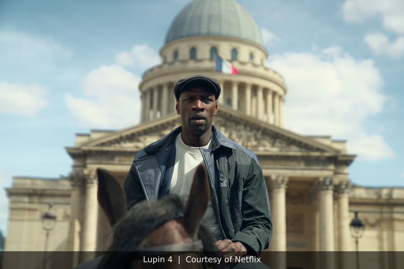 Omar Sy as Assane Diop on horseback in front of the Panthéon in Lupin Part 4 on Netflix