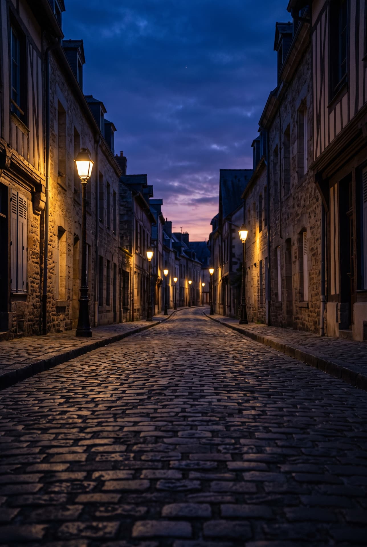 A quiet cobblestone street at twilight, lit by old lamps, evoking calm reflection and gentle thought