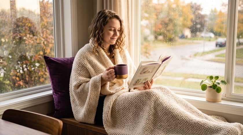 Woman wrapped in a blanket reading by a window on a calm morning