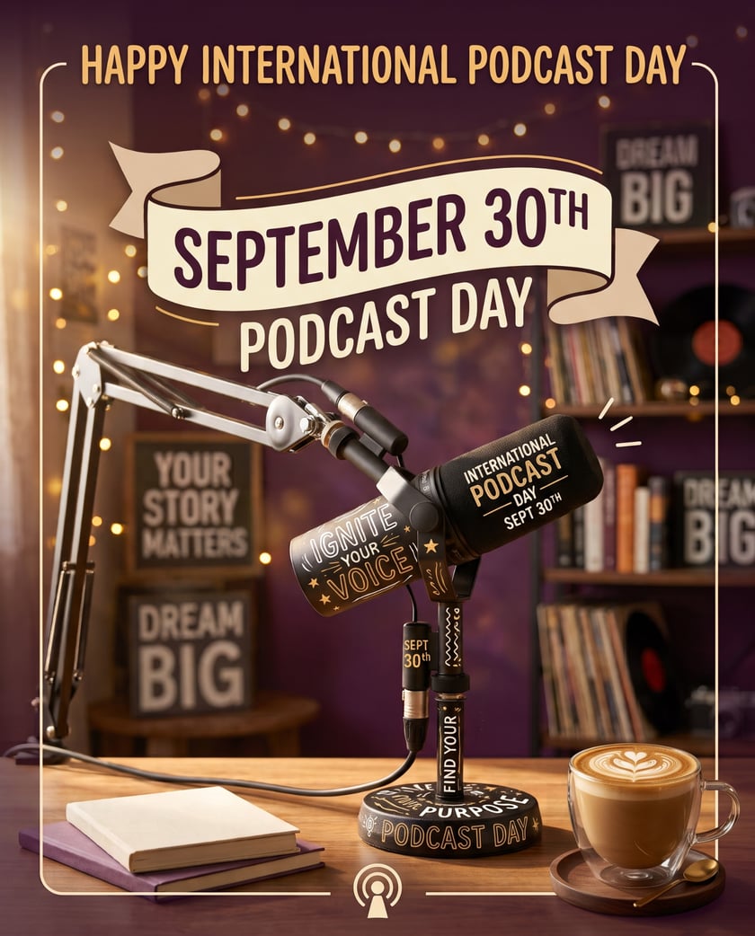 Illustrated podcast microphone with International Podcast Day, September 30th branding on a warm purple background, supplied for International Podcast Day