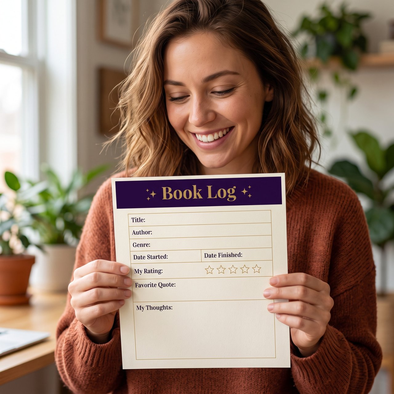 A reader holding a printed Book Log page from The Media Journal