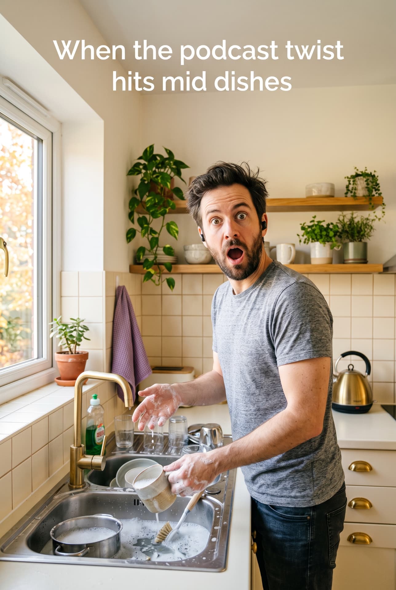 A man frozen mid dish with soapy hands and earbuds in, wide eyed at a plot twist, with the words, When the podcast twist hits mid dishes.