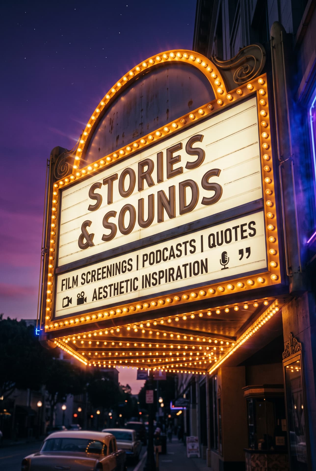 A glowing vintage cinema marquee for Stories & Sounds, film screenings, podcasts, quotes and aesthetic inspiration
