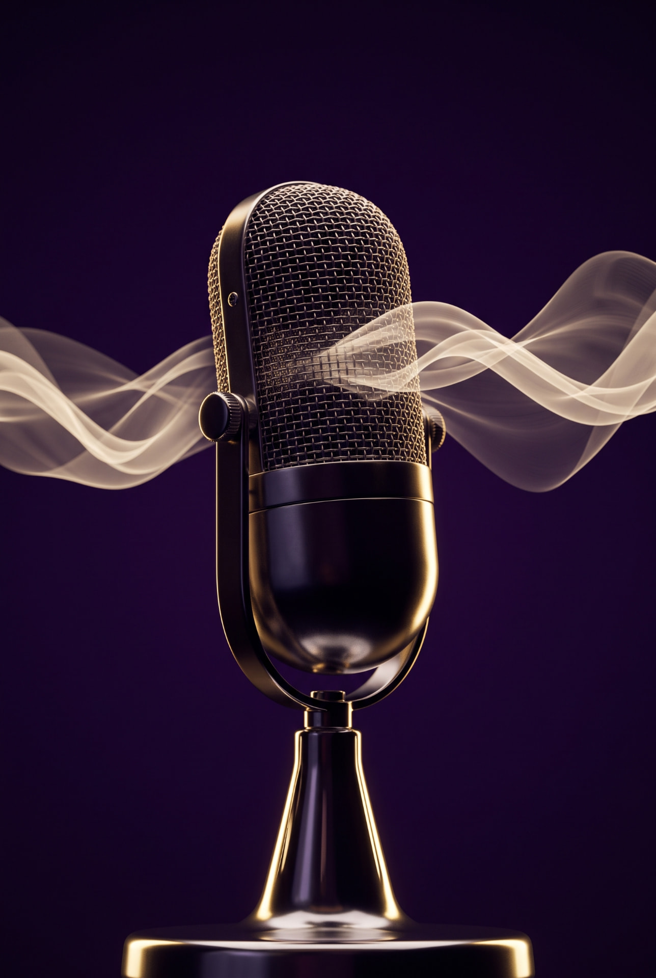 A vintage microphone with soft sound waves, representing podcasts and thoughtful conversations