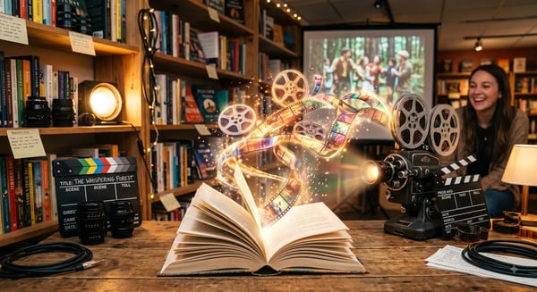 An open book on a wooden desk surrounded by film clapperboards, vintage reels and a projector, with golden film strips rising from its pages in a cozy library
