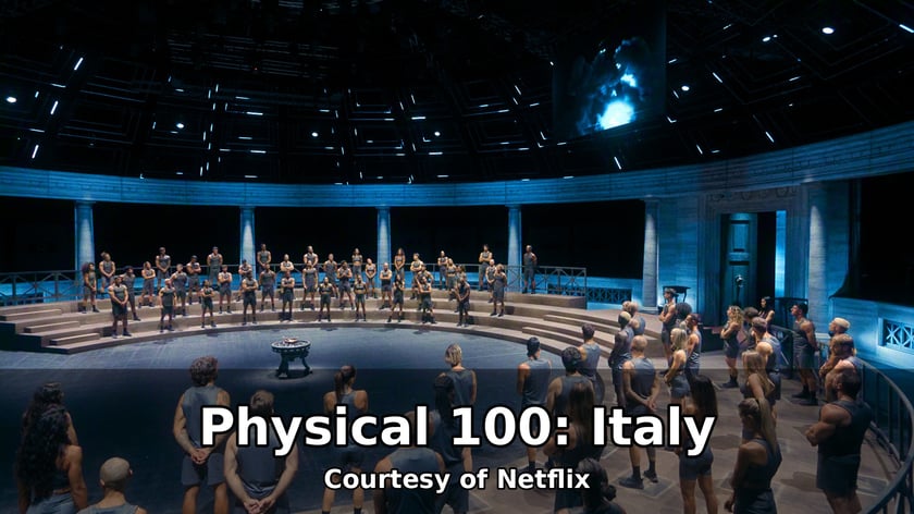 The 100 contestants of Physical 100: Italy gathered in a vast Roman inspired arena on the Netflix show, courtesy of Netflix