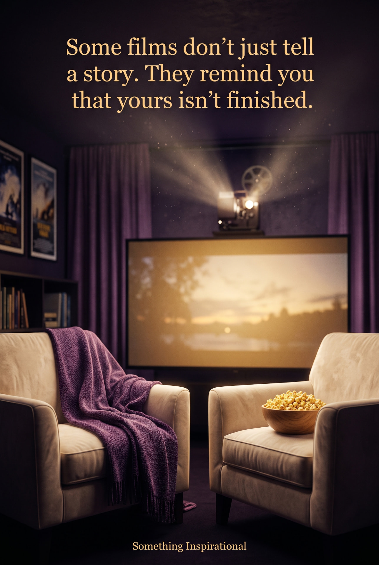 A cosy home cinema with two armchairs, popcorn and a vintage projector, with the words, Some films don't just tell a story. They remind you that yours isn't finished.