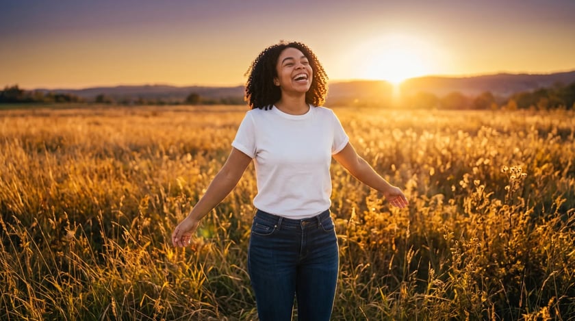 Woman smiling in a golden autumn field at sunset