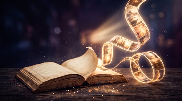 An open book becoming a glowing film reel in warm cinematic light