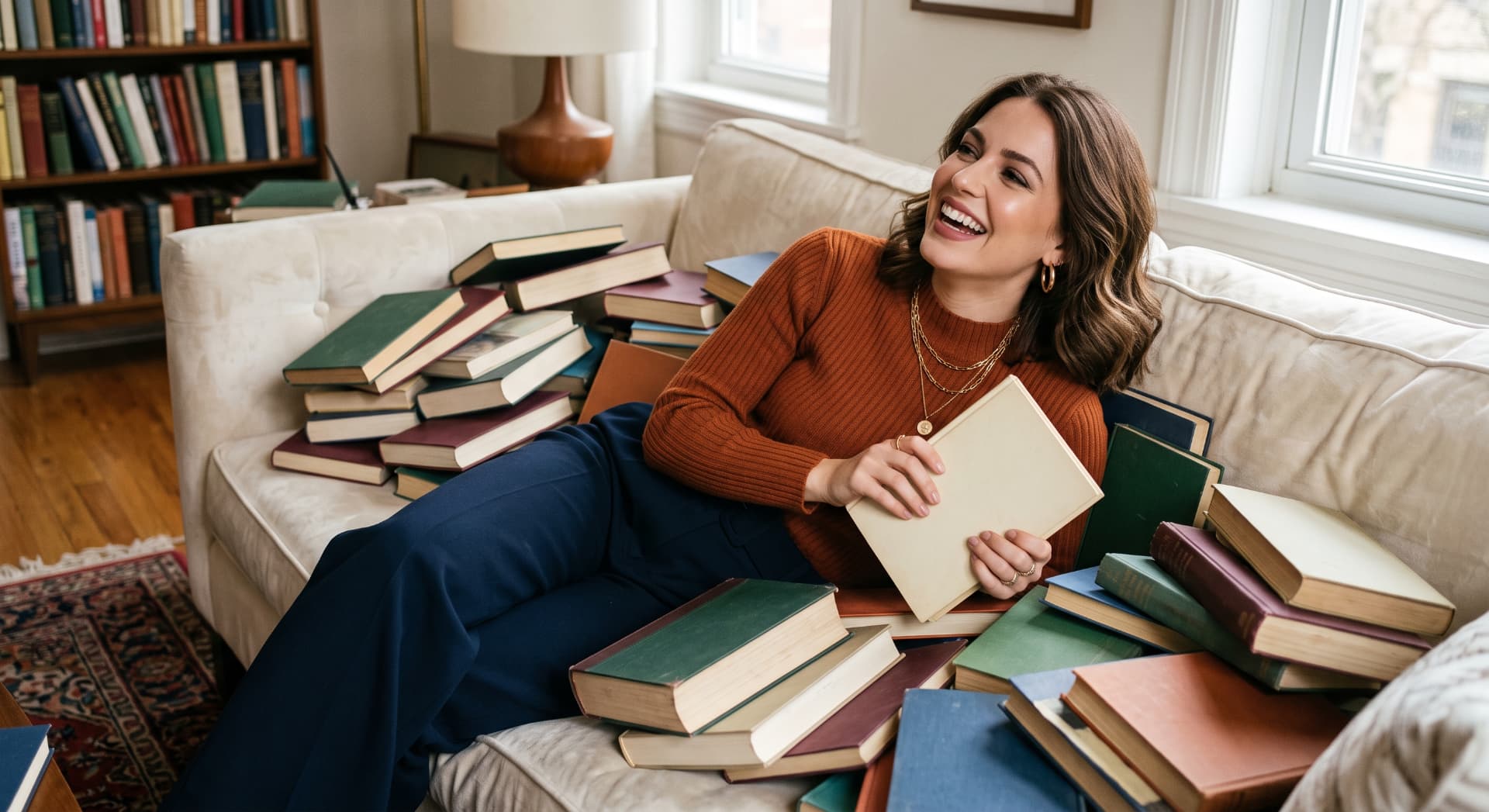 A woman laughing on a cream sofa surrounded by stacks of new hardcover books in a bright reading room