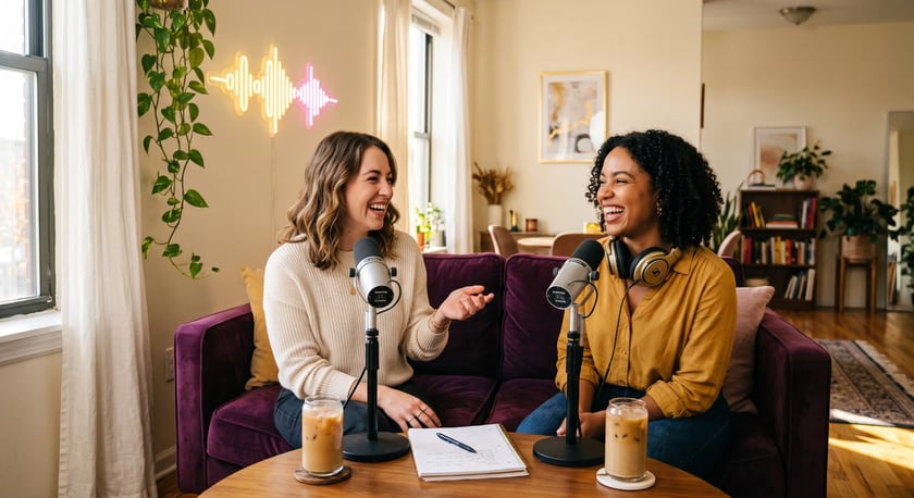 Two women talking and laughing into podcast microphones in a sunny living room, supplied illustration for International Podcast Day