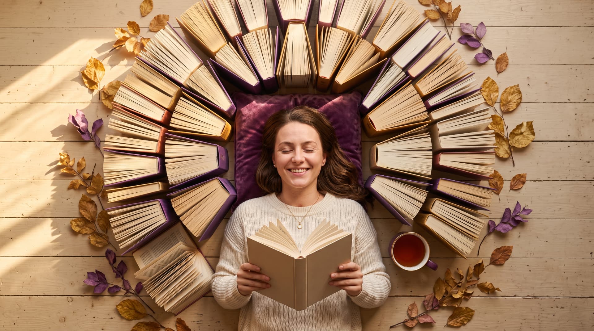 A woman smiling as she reads, lying beneath a circle of books with autumn leaves and a cup of tea