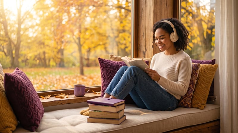 Woman reading in a window seat wearing headphones