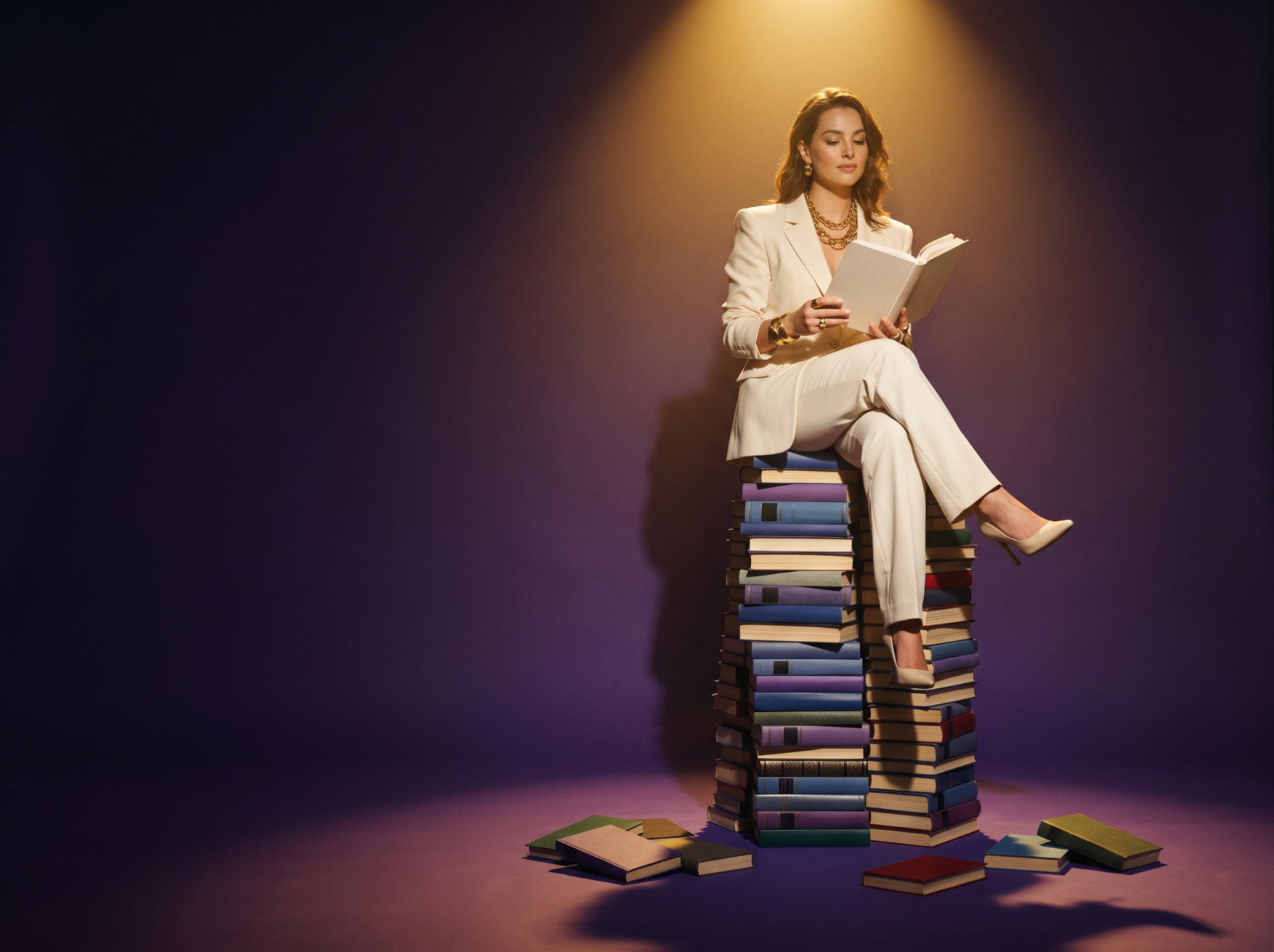 A woman in a cream suit sitting on a tall stack of colourful books, reading in warm golden light