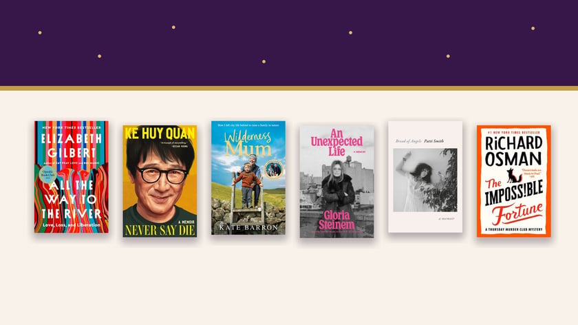 Six recommended Christmas gift books for 2026 arranged in a festive plum and gold display