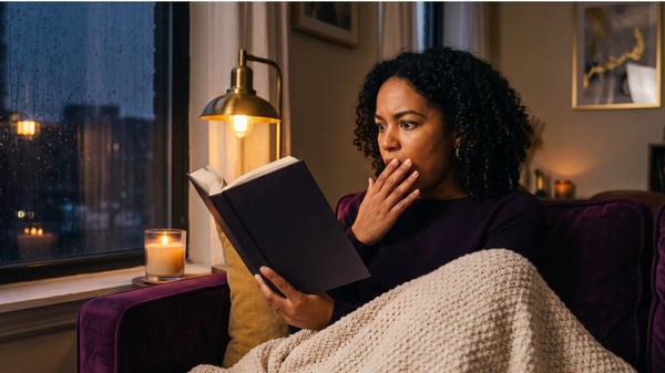 Woman reading a gripping thriller late at night by candlelight.