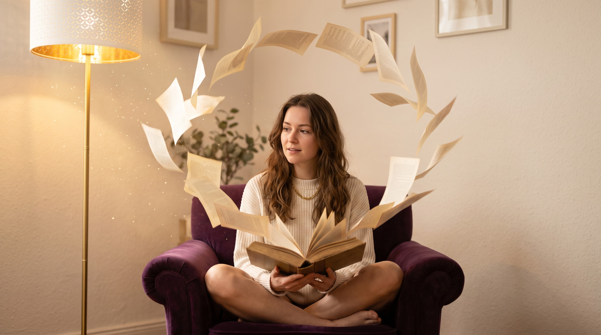 A woman reading in a purple armchair as pages swirl around her in a circle, lit by a warm golden lamp