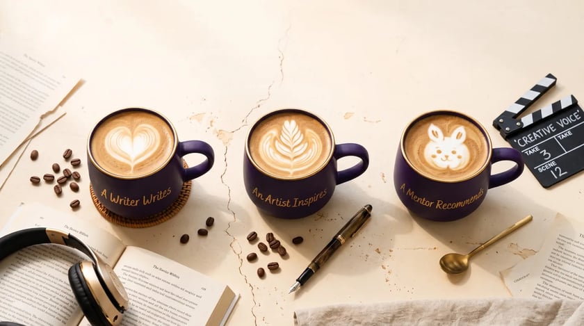 Three purple coffee cups with heart, leaf and rabbit latte art beside an open book, headphones, pen and film clapperboard, supplied for International Coffee Day