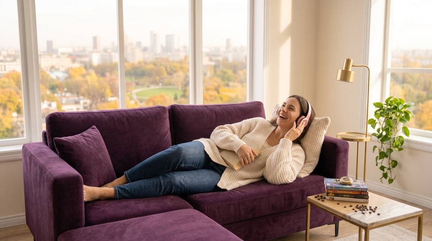 Woman reading on a purple sofa with pink headphones, supplied for the Bookmarked podcast feature