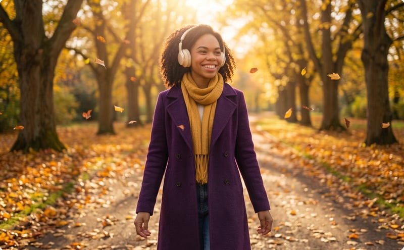 Woman walking through an autumn park wearing headphones