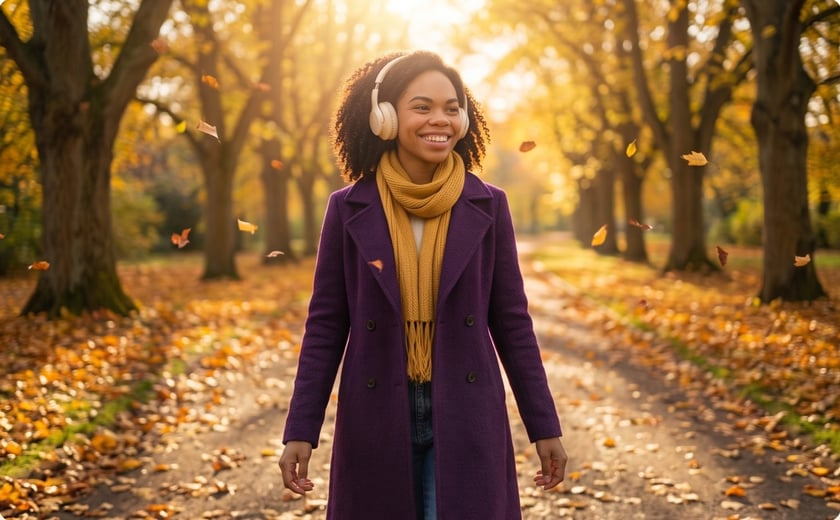 Woman walking through an autumn park wearing headphones