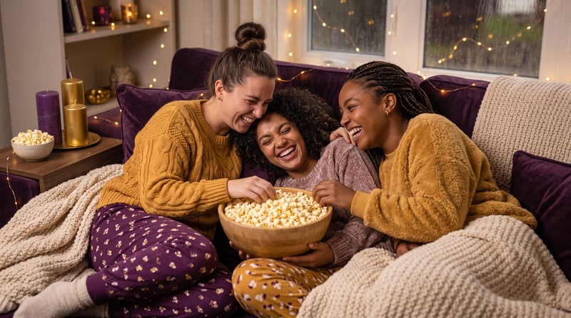 Group of friends laughing during a film night