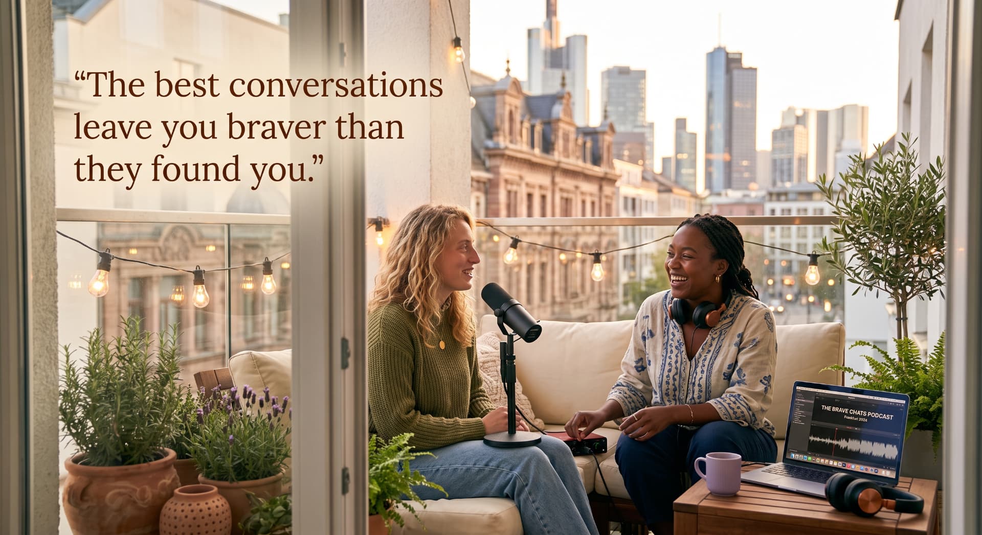 Two women recording a podcast on a sunlit balcony overlooking the city, with the words, The best conversations leave you braver than they found you.