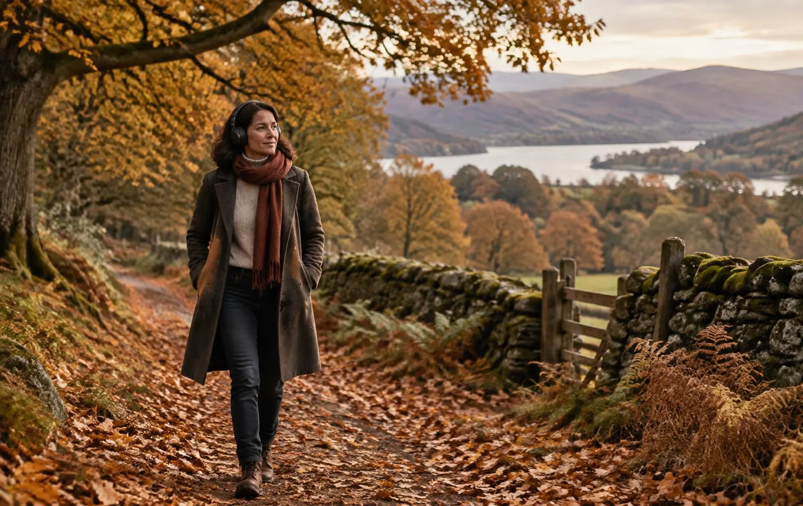 A woman listening to a podcast while walking along a golden autumn path