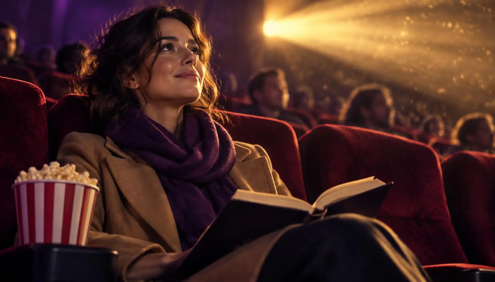 Woman with an open novel on her lap watching a film in a cinema