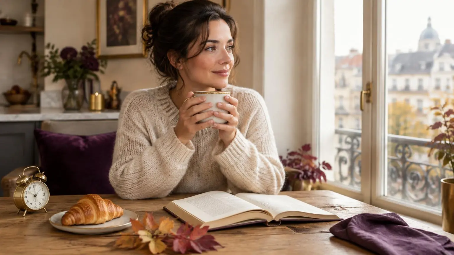 A woman enjoying a slow autumn morning with coffee, a book, a croissant and an analogue clock by a bright apartment window