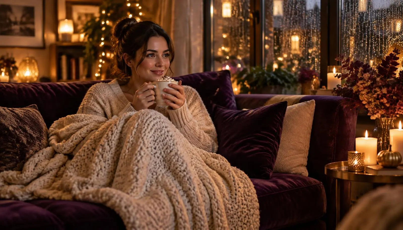 Woman watching a film by candlelight with a blanket and hot chocolate