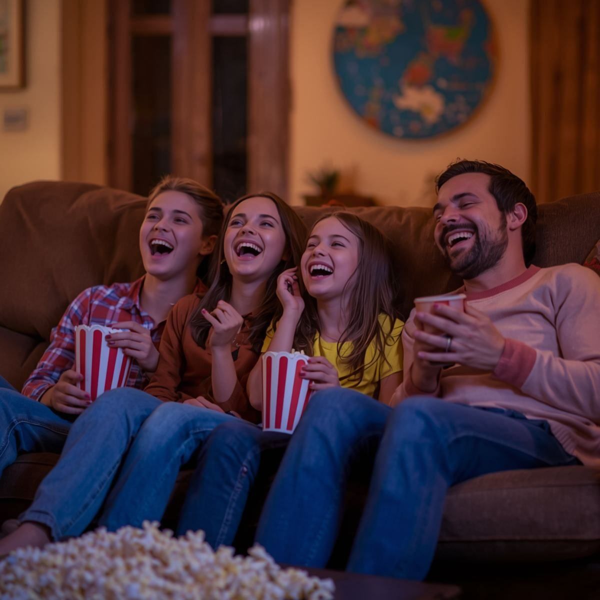 Family cuddled on the sofa watching a feel good film on Netflix