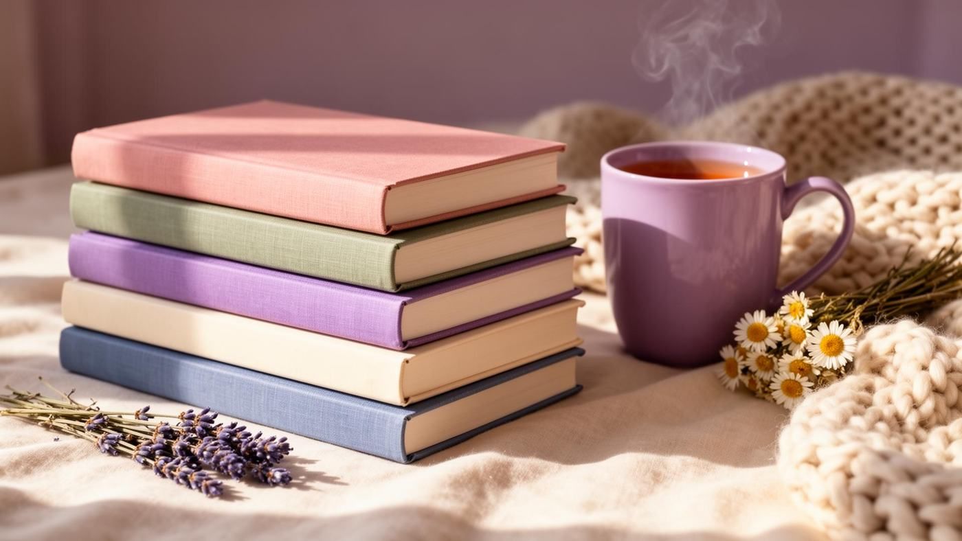 A stack of pastel hardcover novels in blush, sage, lavender, cream and dusty blue beside a steaming mug of tea, dried lavender and chamomile, on warm cream linen in soft morning light