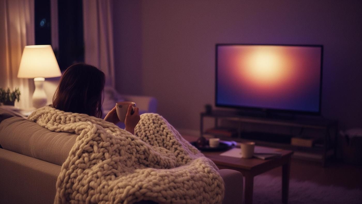 A person curled under a chunky cream knit blanket on a sofa, holding a warm mug of tea while a softly glowing television plays a film across a cosy lamp lit living room