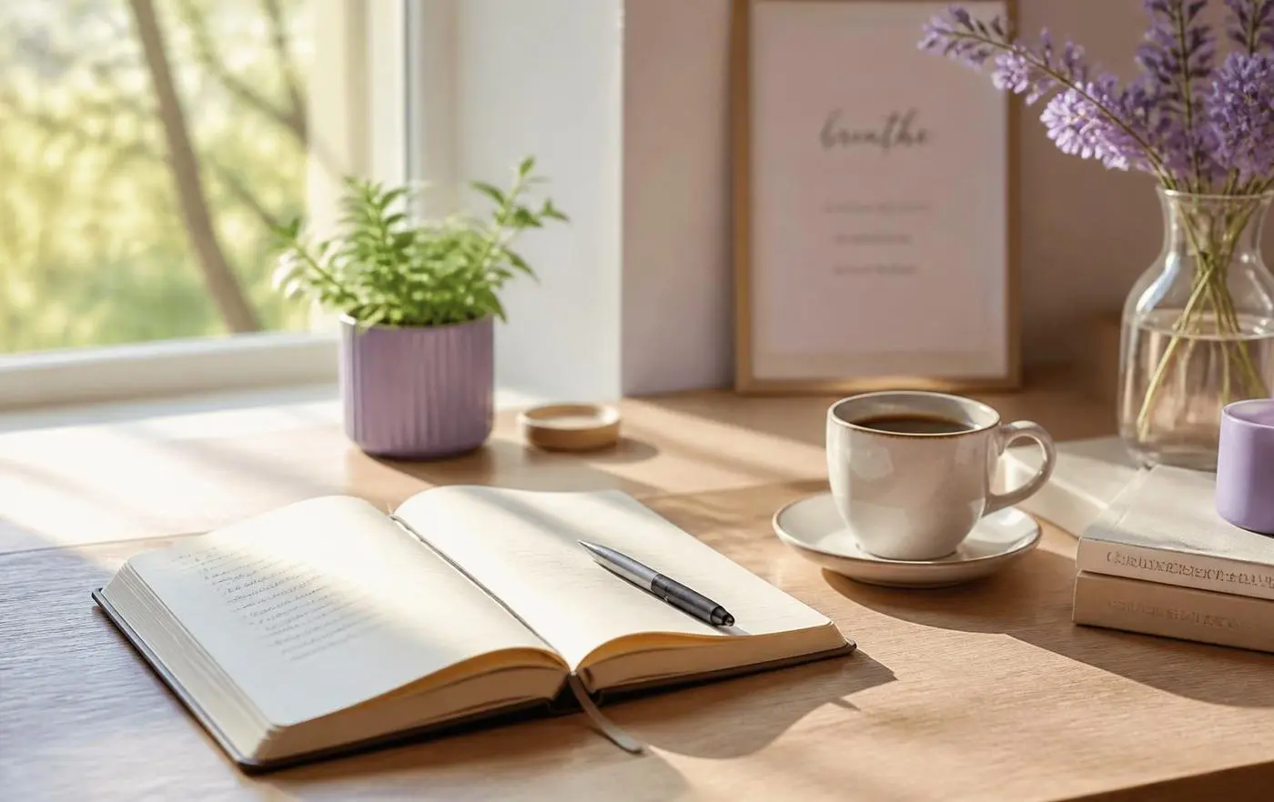 A sunlit desk by a window with an open notebook, a pen, coffee and lavender in a glass vase