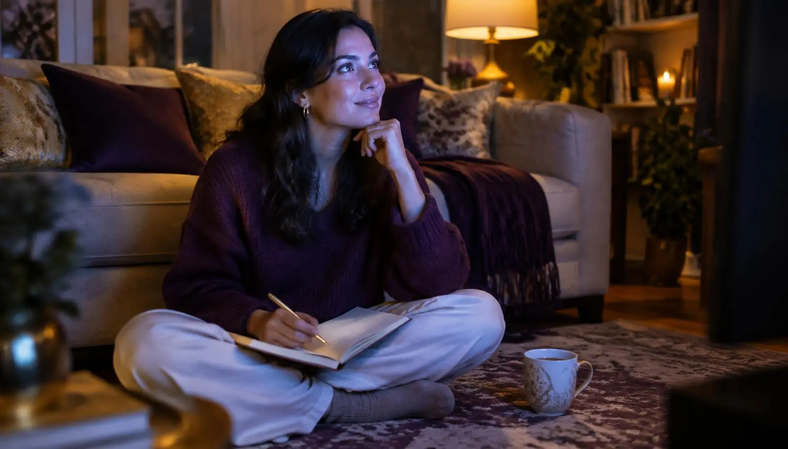 Woman watching a documentary with a notebook in her lap