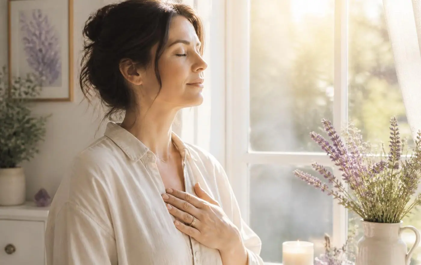 A woman standing in warm morning light by a window with her hand resting on her chest