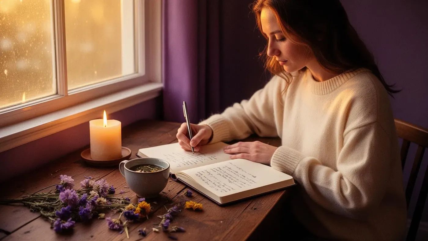 A woman in a cream sweater journalling by candlelight at a wooden desk, with pressed flowers and a cup of herbal tea, in soft lavender evening light