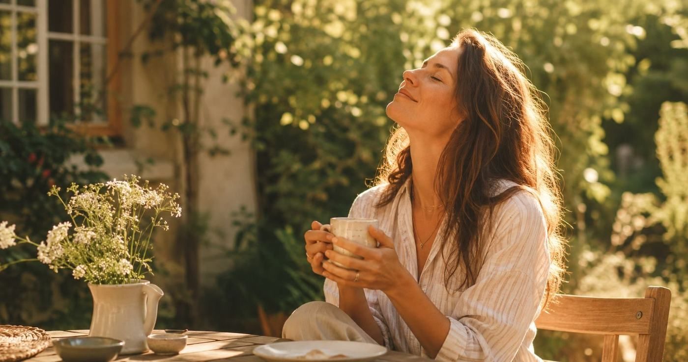 A woman sitting in a sunlit garden with her face turned toward the warmth, holding a stoneware mug