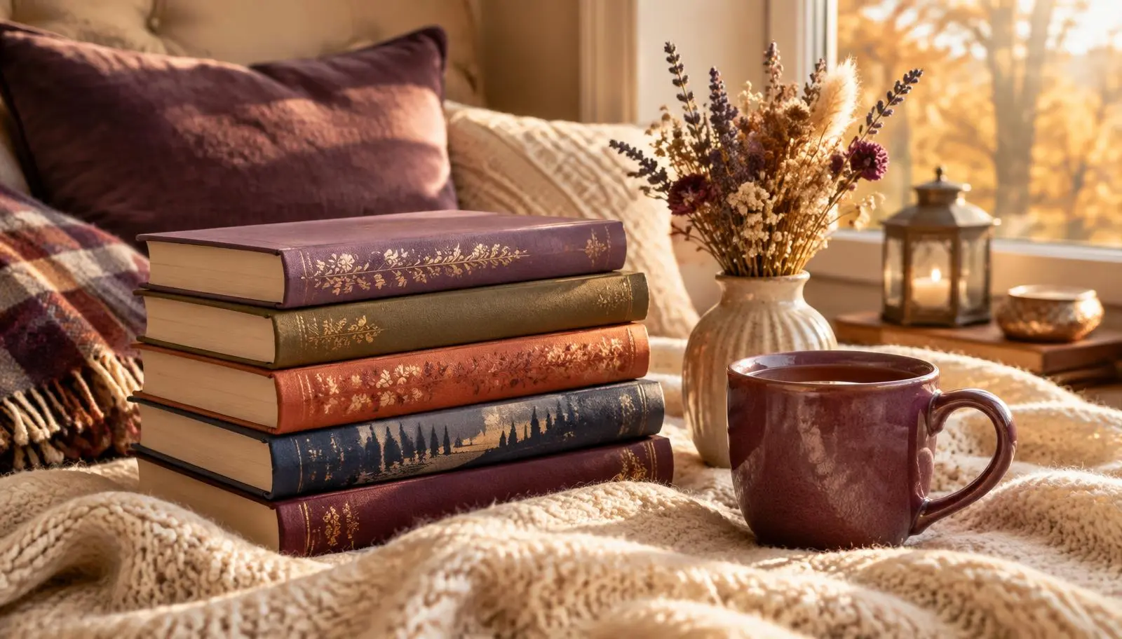 Stack of novels with a purple mug of tea on a cream blanket in autumn light